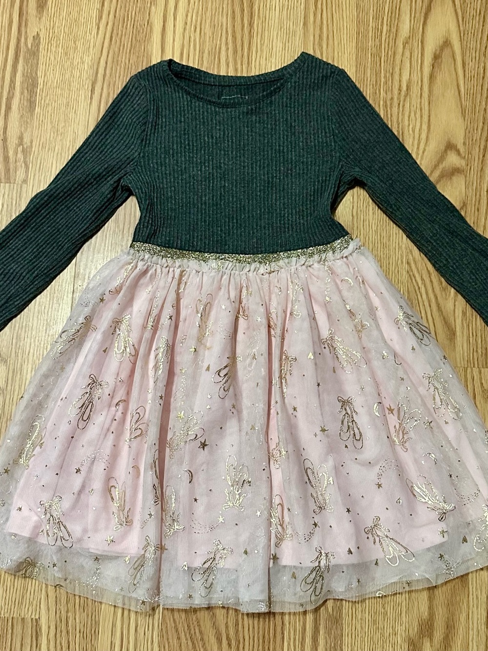 Gray Ribbed Top with Pink Gold Tulle Skirt Dress